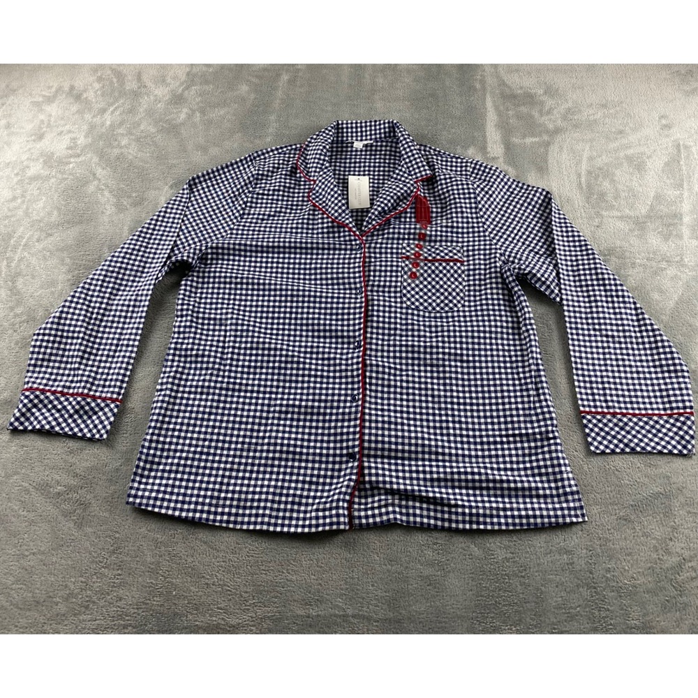 Charter Club Intimates Womens L Flannel Pajama Top Navy Gingham Red Trim New